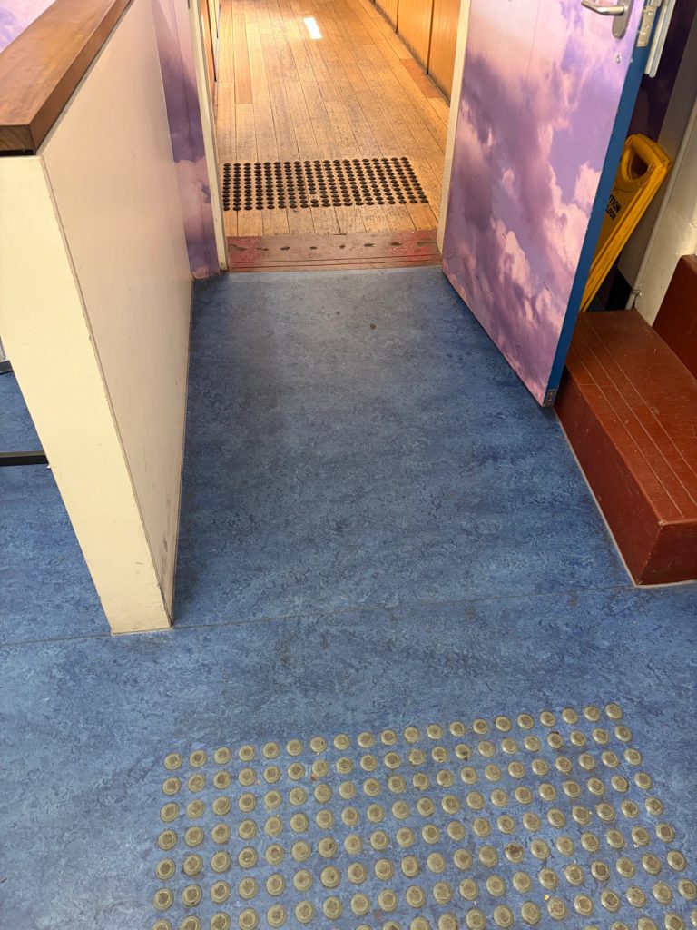 Blue landing, open purple door and transition into the timber corridor.